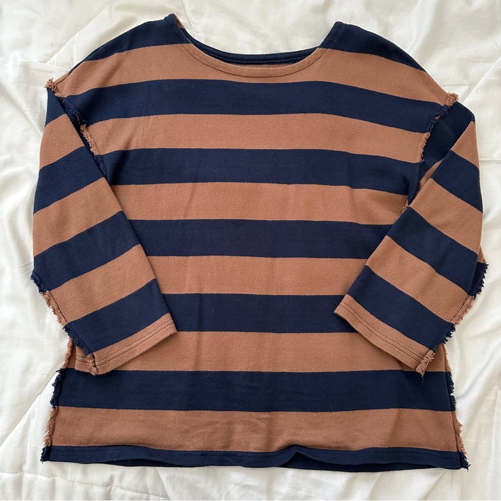 Madewell brown & navy striped 3/4 sleeve tee